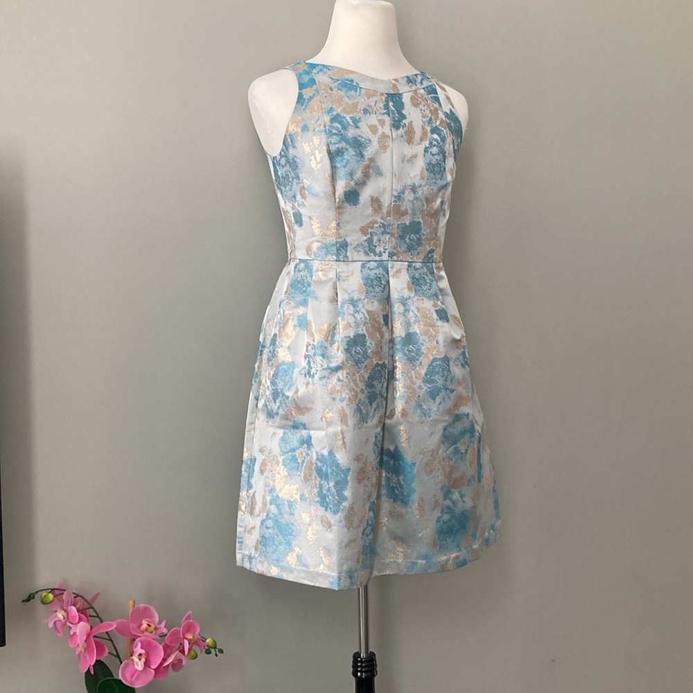 Tahari ASL Levine Blue Gold Rose Gold Fit and Flare Jacquard NWOT - Picture 5 of 6